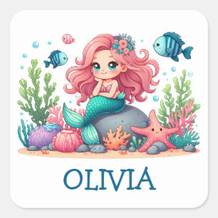 Cute Whimsical Mermaid And Fish Personalised Square Sticker