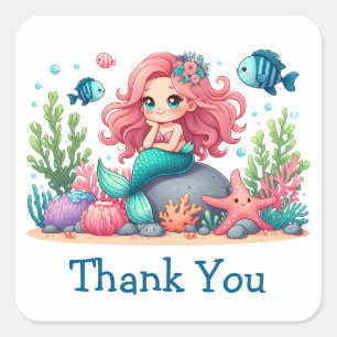 Cute Whimsical Mermaid And Fish Thank You Square Sticker