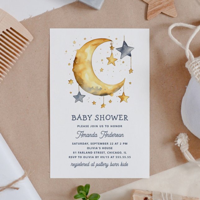 Cute whimsical moon & stars celestial baby shower invitation (Creator Uploaded)