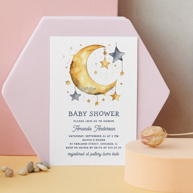 Cute whimsical moon & stars celestial baby shower invitation (Creator Uploaded)