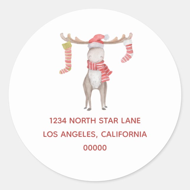 Cute Whimsical Moose Christmas Return Address Classic Round Sticker (Front)