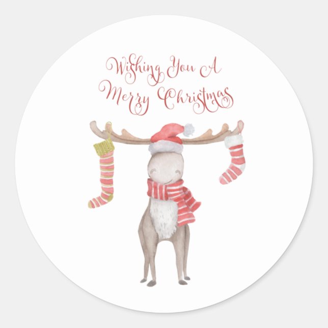 Cute Whimsical Moose Merry Christmas Classic Round Sticker (Front)
