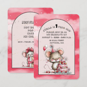 Cute Whimsical Mouse Girl First Birthday Invite