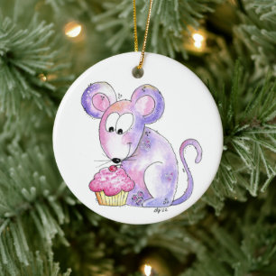 Cute Whimsical Mouse with a Cupcake Ceramic Tree Decoration