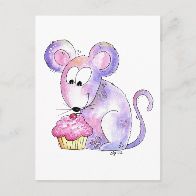 Cute Whimsical Mouse with a Cupcake Postcard (Front)