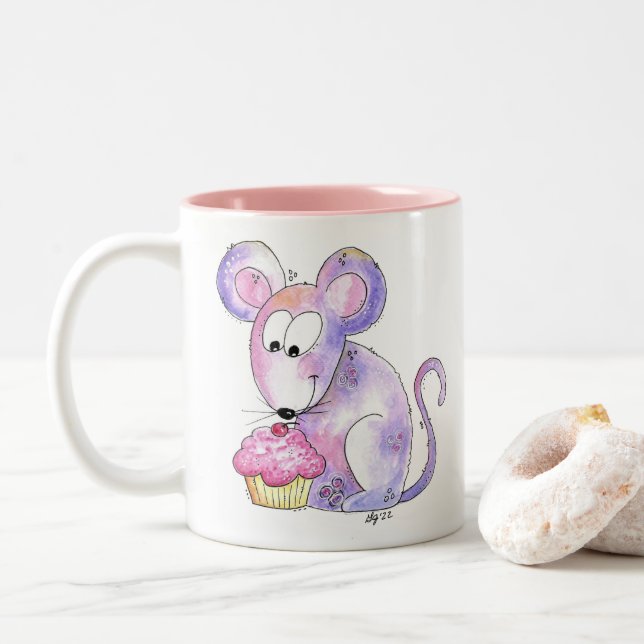 Cute Whimsical Mouse with a Cupcake Two-Tone Coffee Mug (With Donut)