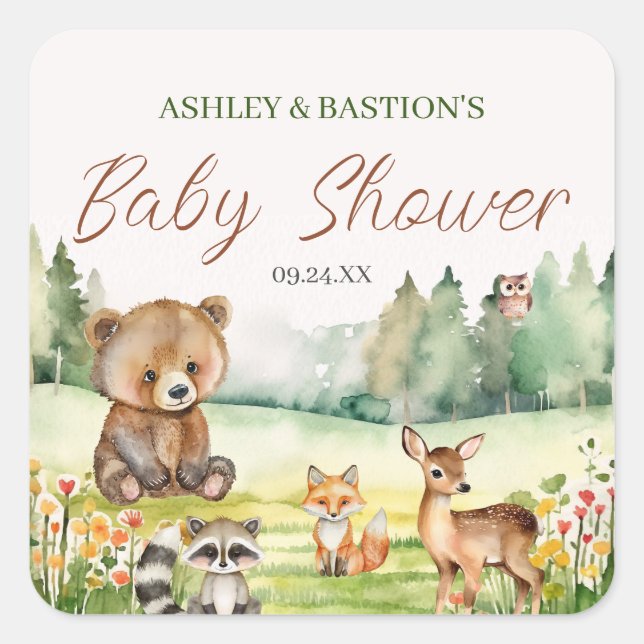Cute Whimsical Neutral Woodland Animal Baby Shower Square Sticker (Front)