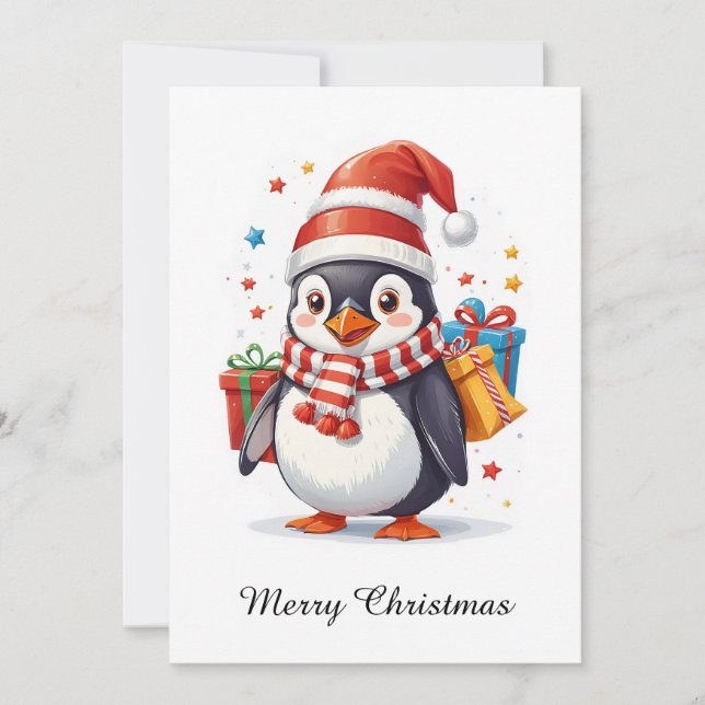 Cute Whimsical Non photo Animal Merry Christmas Holiday Card (Front)