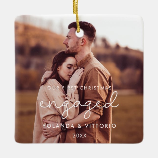 Cute whimsical Our First Christmas engaged photo Ceramic Ornament (Front)