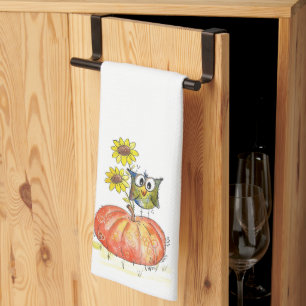Cute Whimsical Owl on Pumpkin Tea Towel
