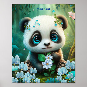 Cute Whimsical Panda Blue Flower Garden Nursery Poster