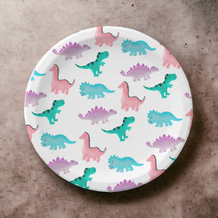 Cute whimsical pastel watercolor dinosaurs pattern paper plate