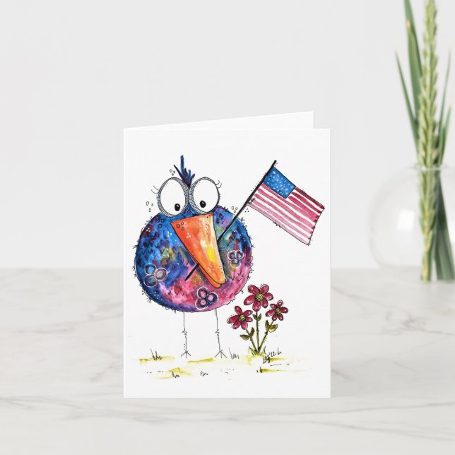Cute Whimsical Patriotic Bird with Flag Card (Front)