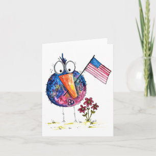 Cute Whimsical Patriotic Bird with Flag Card