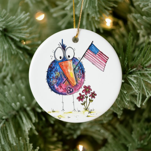 Cute Whimsical Patriotic Bird with Flag Ceramic Tree Decoration (Tree)