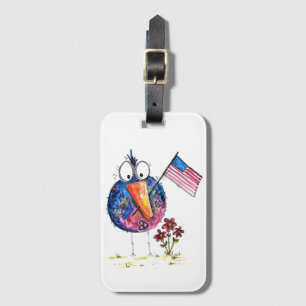 Cute Whimsical Patriotic Bird with Flag Luggage Tag
