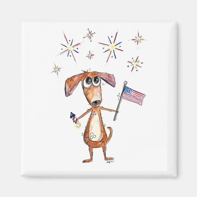 Cute Whimsical Patriotic Dog with Flag Magnet (Front)