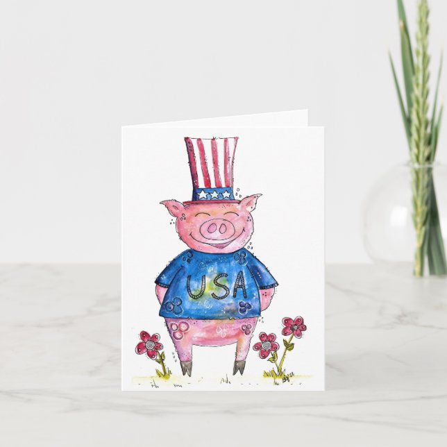 Cute Whimsical Patriotic Pig Card (Front)