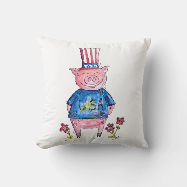 Cute Whimsical Patriotic Pig Cushion (Front)