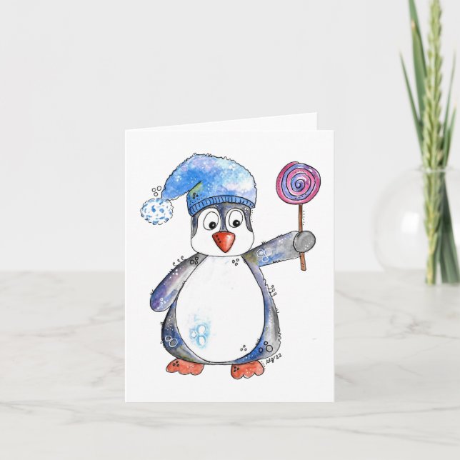 Cute Whimsical Penguin with a Lollipop Card (Front)