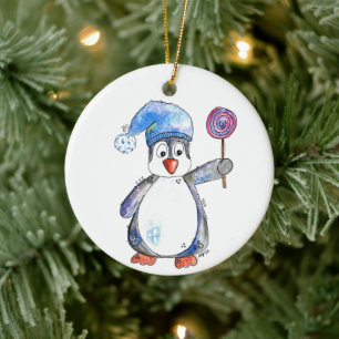 Cute Whimsical Penguin with a Lollipop Ceramic Tree Decoration