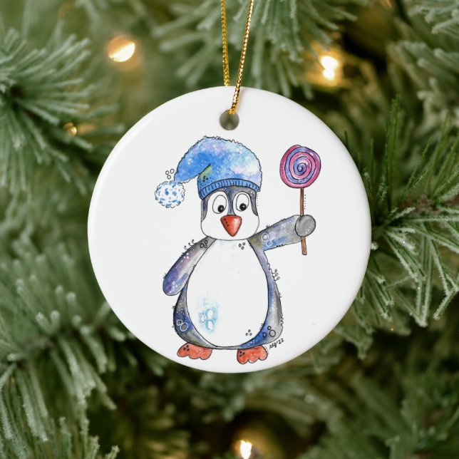 Cute Whimsical Penguin with a Lollipop Ceramic Tree Decoration (Tree)