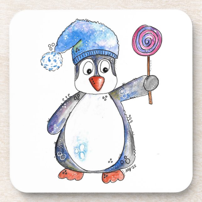 Cute Whimsical Penguin with a Lollipop Coaster (Front)
