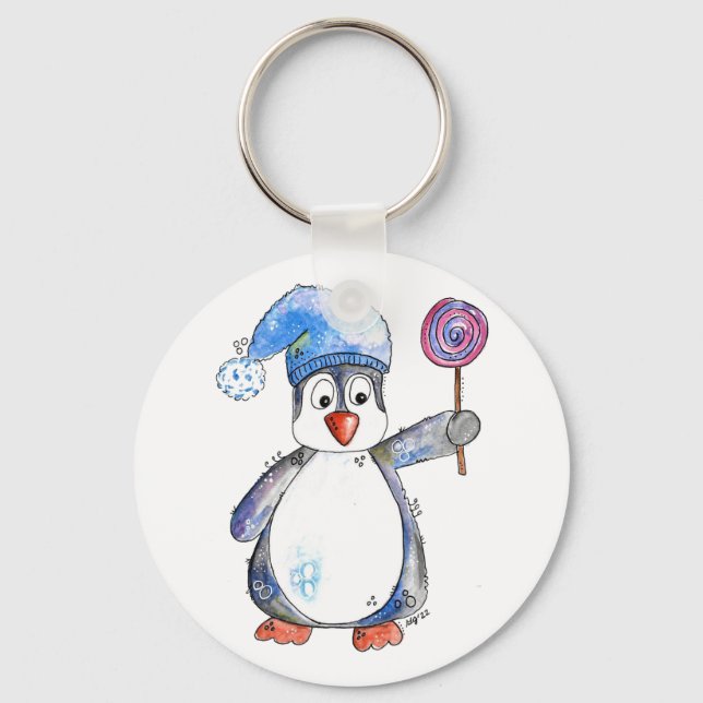 Cute Whimsical Penguin with a Lollipop Key Ring (Front)