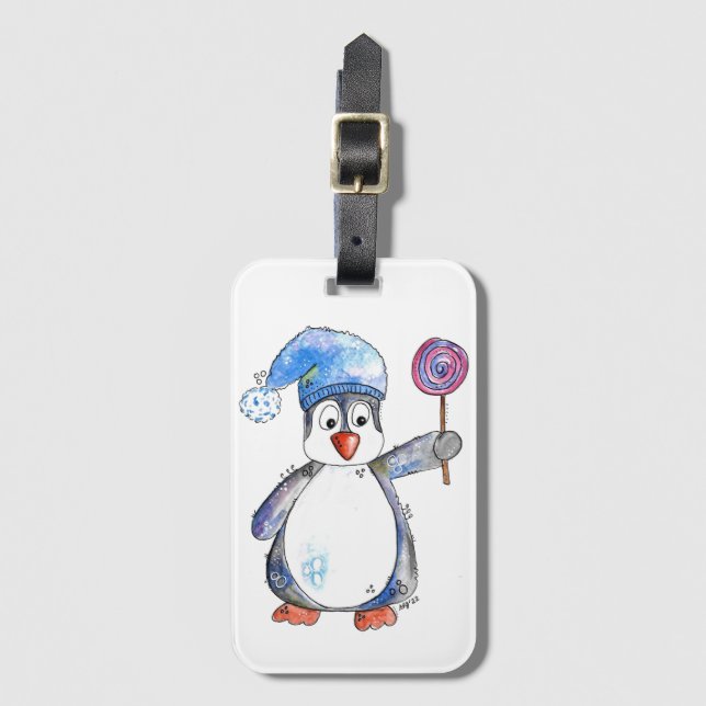 Cute Whimsical Penguin with a Lollipop Luggage Tag (Front Vertical)