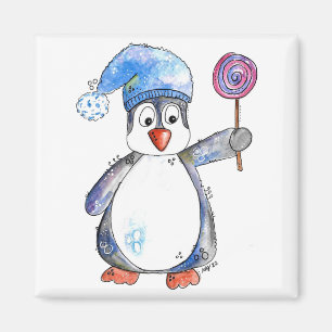 Cute Whimsical Penguin with a Lollipop Magnet