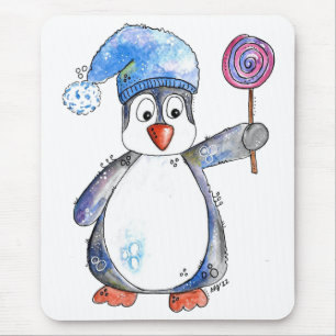 Cute Whimsical Penguin with a Lollipop Mouse Pad