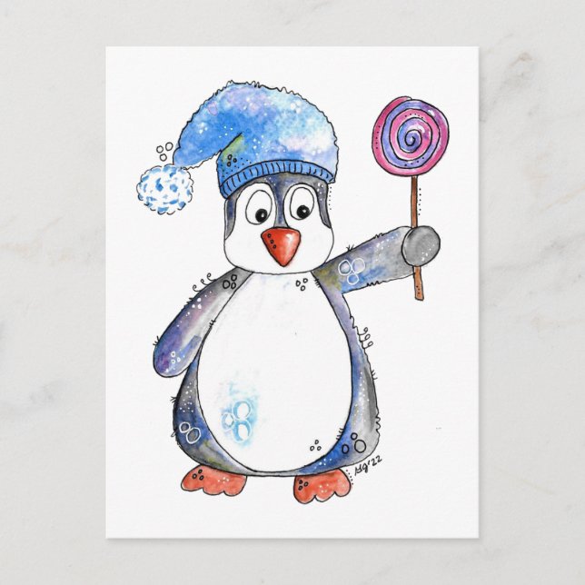 Cute Whimsical Penguin with a Lollipop Postcard (Front)