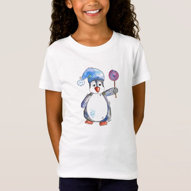 Cute Whimsical Penguin with a Lollipop T-Shirt (Front)