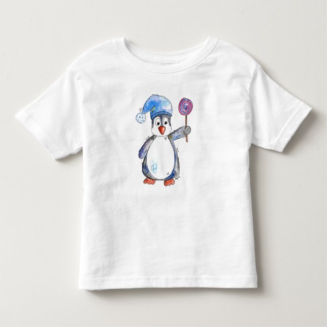 Cute Whimsical Penguin with a Lollipop Toddler T-Shirt (Front)