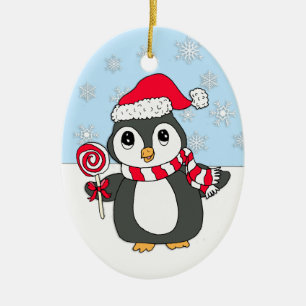 Cute Whimsical Penguin with Lollipop Personalised Ceramic Tree Decoration
