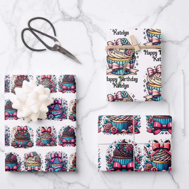 Cute Whimsical Personalised Cupcake Birthday Wrapping Paper Sheet (Front)