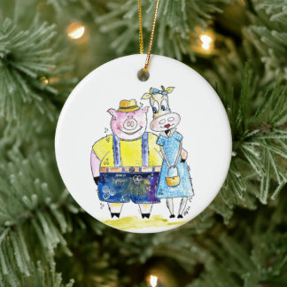 Cute Whimsical Pig and Cow Ceramic Tree Decoration