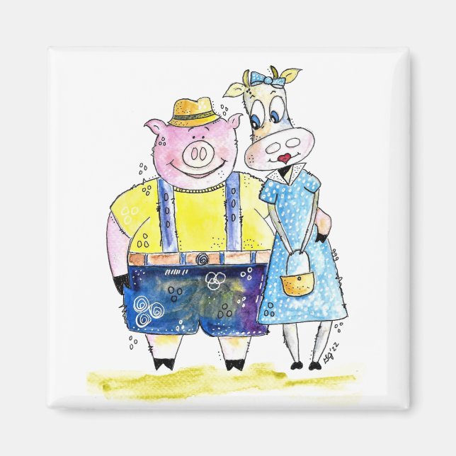 Cute Whimsical Pig and Cow Magnet (Front)