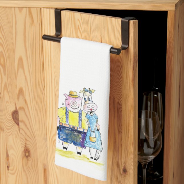 Cute Whimsical Pig and Cow Tea Towel (Thirds Fold)