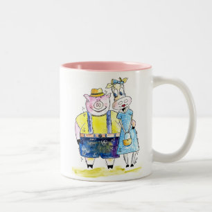 Cute Whimsical Pig and Cow Two-Tone Coffee Mug