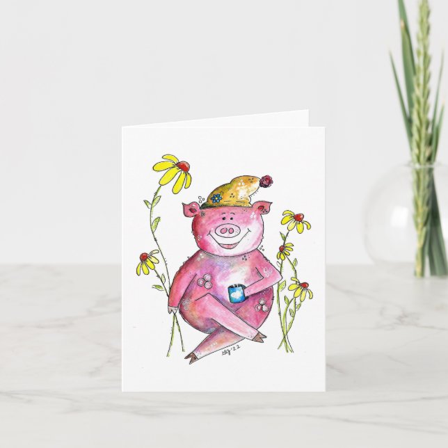 Cute Whimsical Pig Drinking Coffee Card (Front)