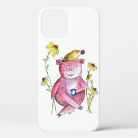 Cute Whimsical Pig Drinking Coffee