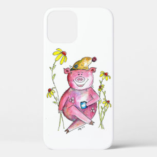 Cute Whimsical Pig Drinking Coffee iPhone 12 Case