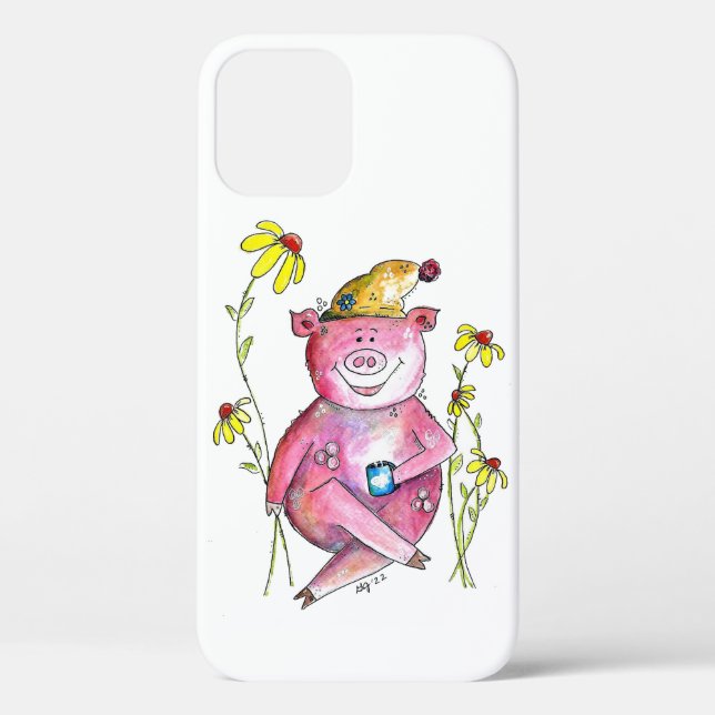 Cute Whimsical Pig Drinking Coffee Case-Mate iPhone Case (Back)