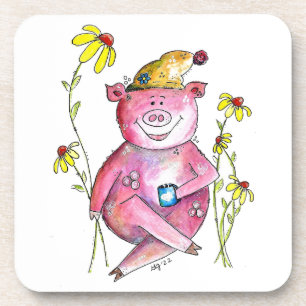 Cute Whimsical Pig Drinking Coffee Coaster