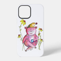 Cute Whimsical Pig Drinking Coffee