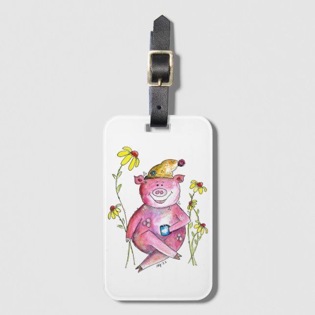 Cute Whimsical Pig Drinking Coffee Luggage Tag (Front Vertical)