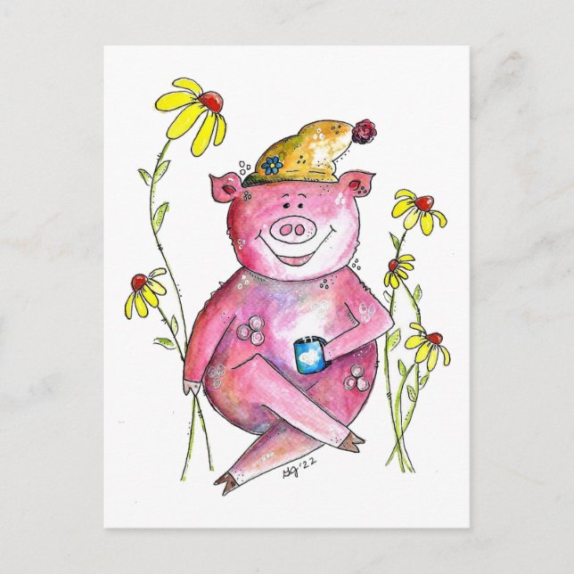 Cute Whimsical Pig Drinking Coffee Postcard (Front)