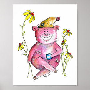 Cute Whimsical Pig Drinking Coffee Poster