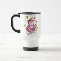 Cute Whimsical Pig Drinking Coffee